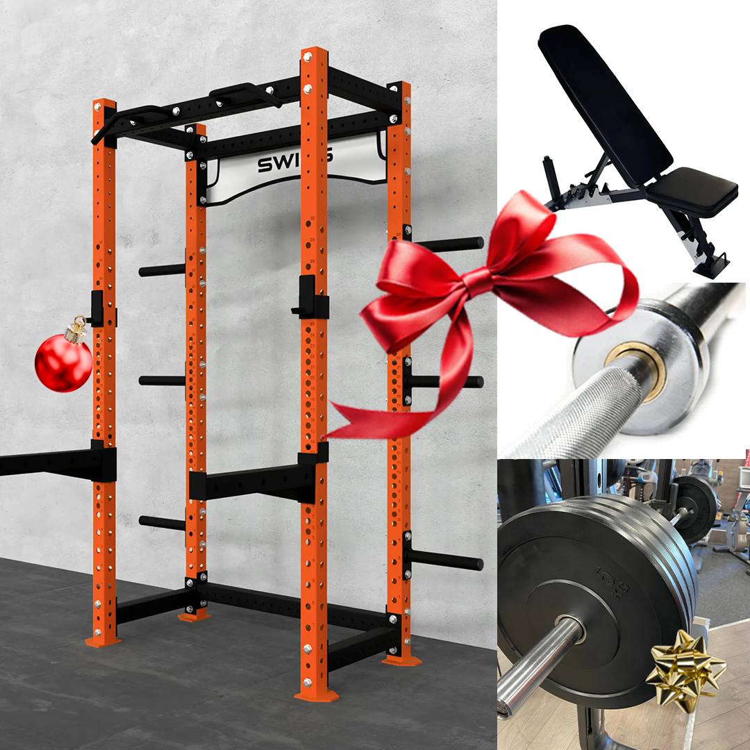 Swiss Half Rack + 100kg Garage Bumper Set + Swiss Ferox Power Bar + Swiss Adjustable Bench