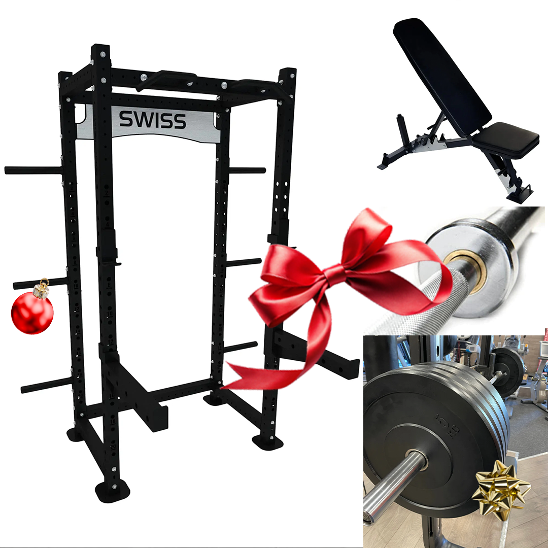Swiss Half Rack + 100kg Garage Bumper Set + Swiss Ferox Power Bar + Swiss Adjustable Bench