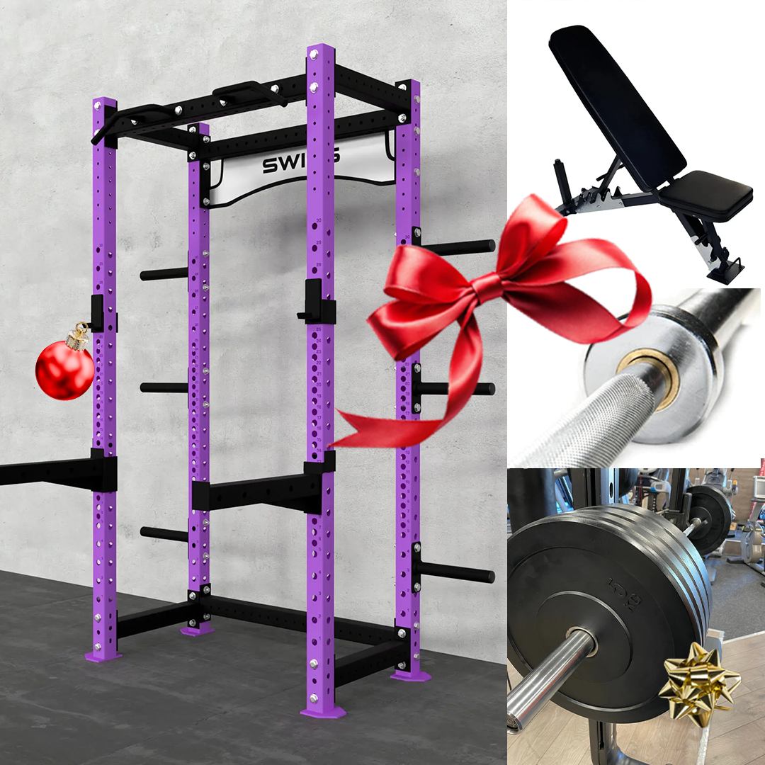 Swiss Half Rack + 100kg Garage Bumper Set + Swiss Ferox Power Bar + Swiss Adjustable Bench